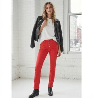 ANINE BING Red Button Fly Cotton Twill Slim Straight Jeans Edgy Streetwear 25